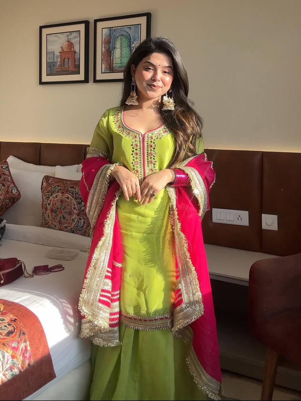 Parrot Green Embroidered Sharara Suit Set with Dupatta