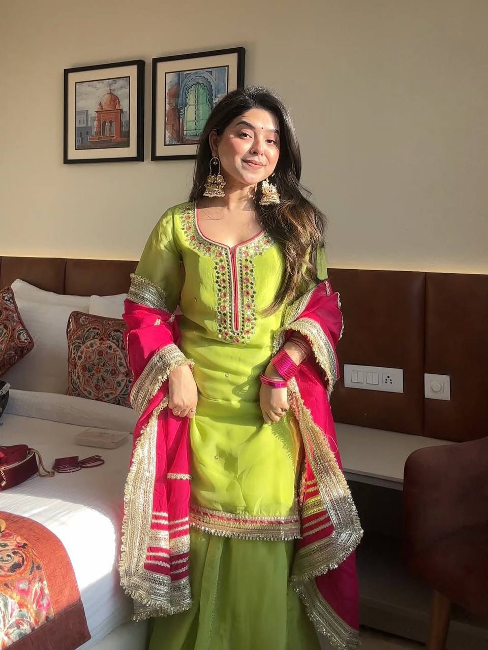 Parrot Green Embroidered Sharara Suit Set with Dupatta
