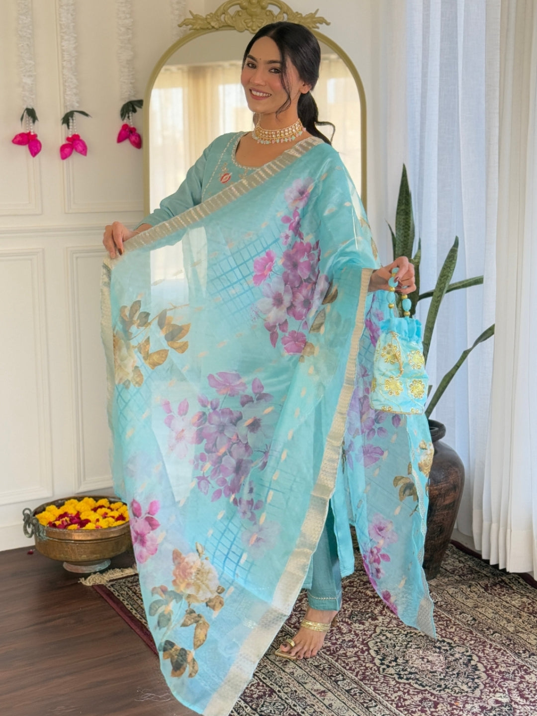 Aqua Bloom Floral Kurta Pant Dupatta Set