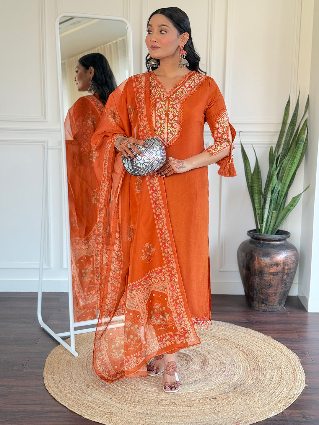 Orange Heritage Embroidered Kurta Pant Set