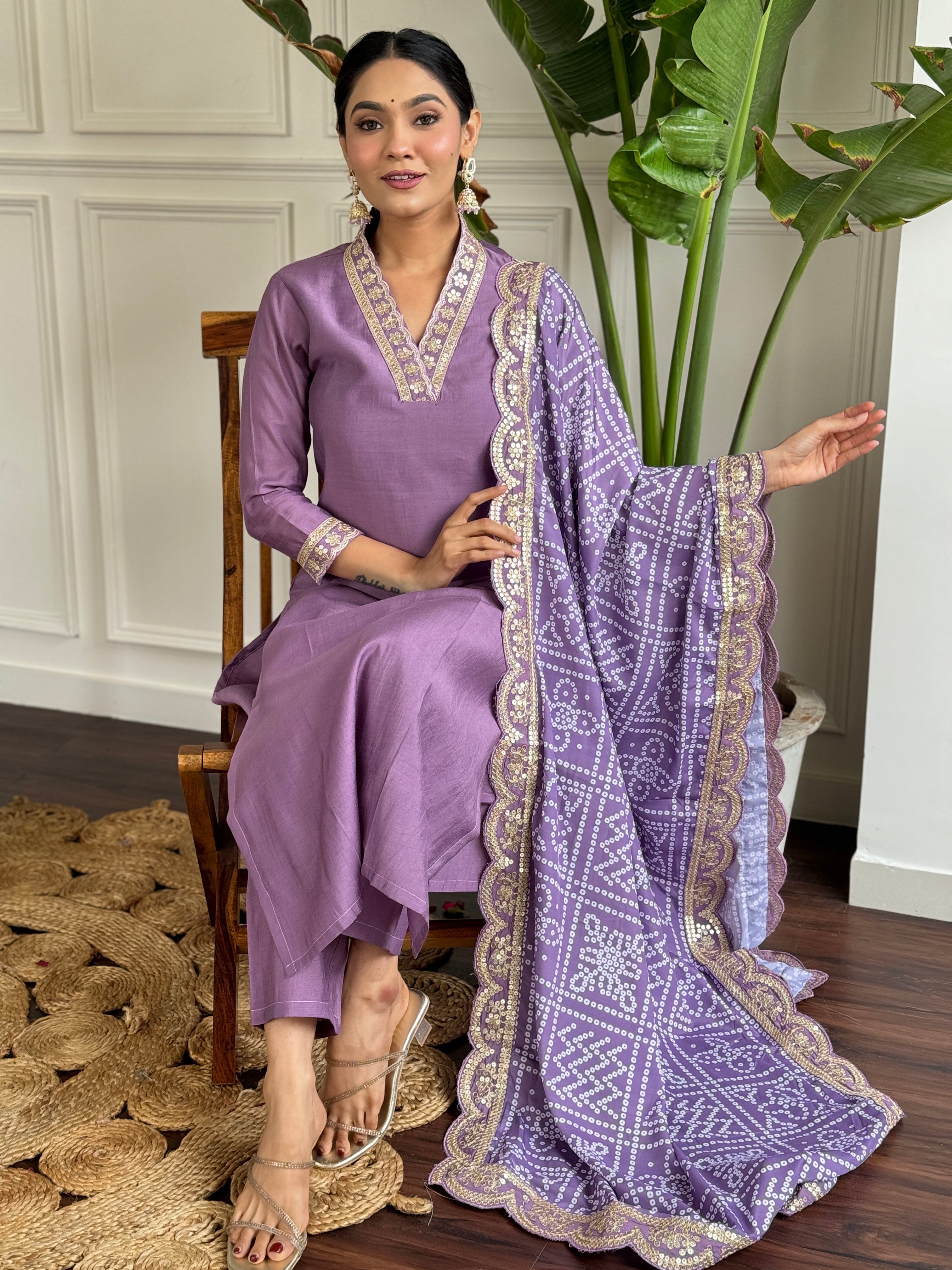 Lavender Embroidered Kurta Pant Set