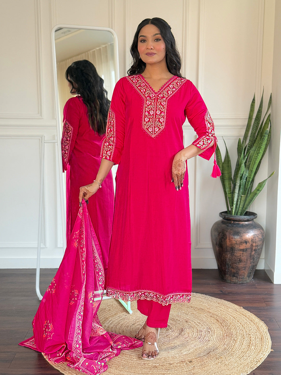 Rani Pink Heritage Embroidered Kurta Pant Set
