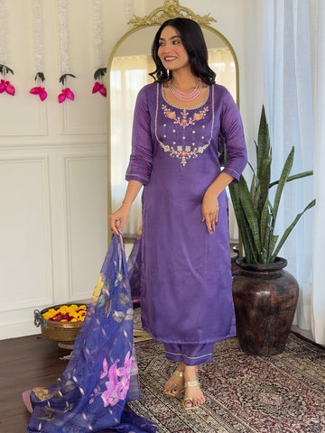 Purple Bloom Floral Kurta Pant Dupatta Set