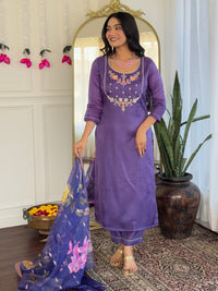 Purple Bloom Floral Kurta Pant Dupatta Set