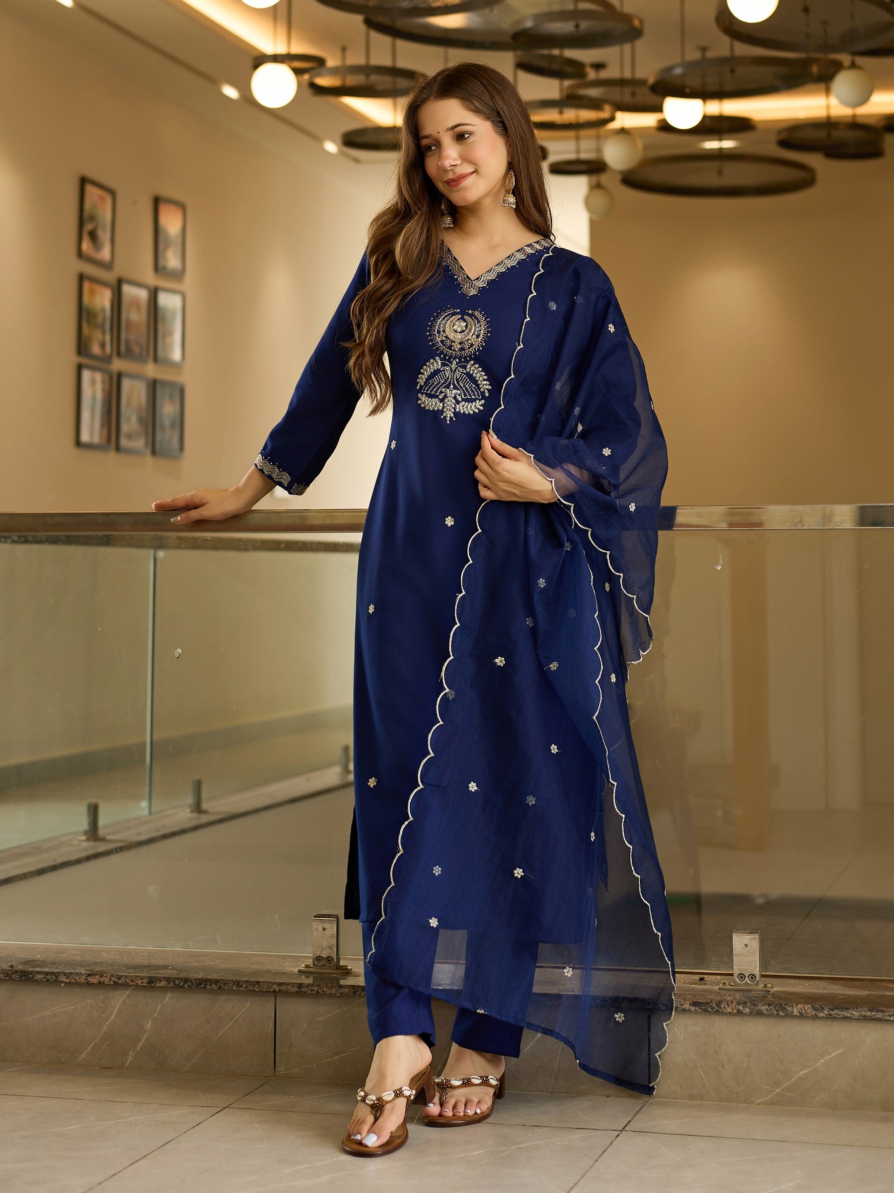 Royal Navy Blue Solid Straight Salwar Suit Set