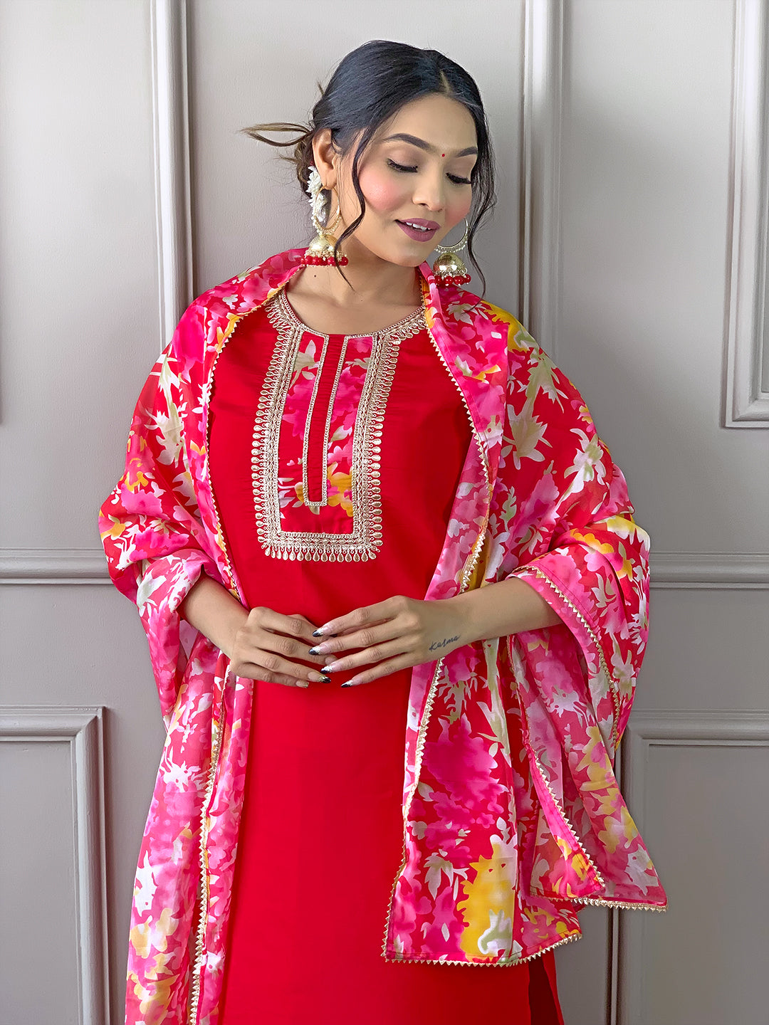 Red Floral Dupatta Kurta Pant Set
