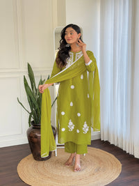 Olive Green Floral Embroidered Kurta Pant