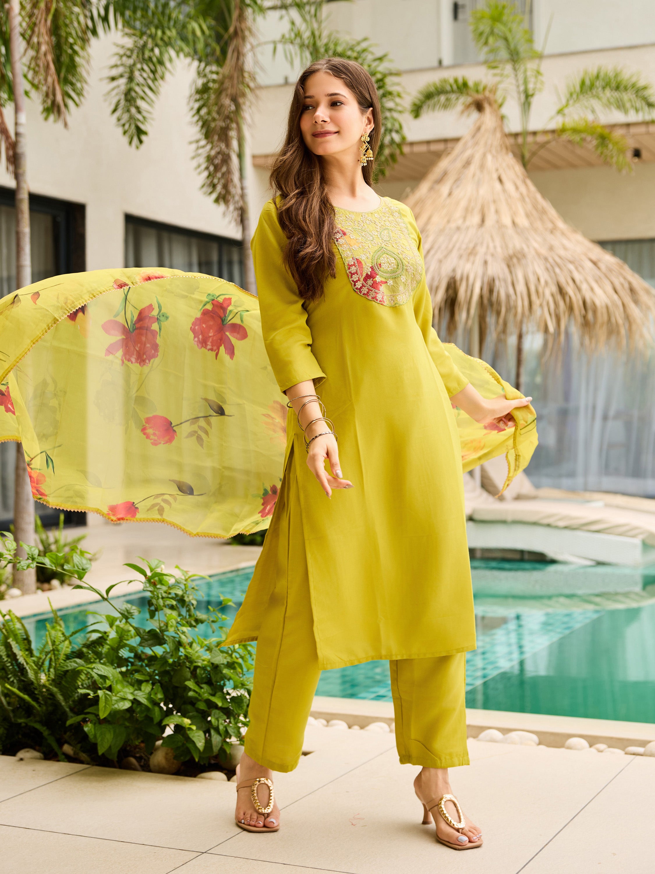 Sunshine Grace Yellow Viscose Silk Kurta Set