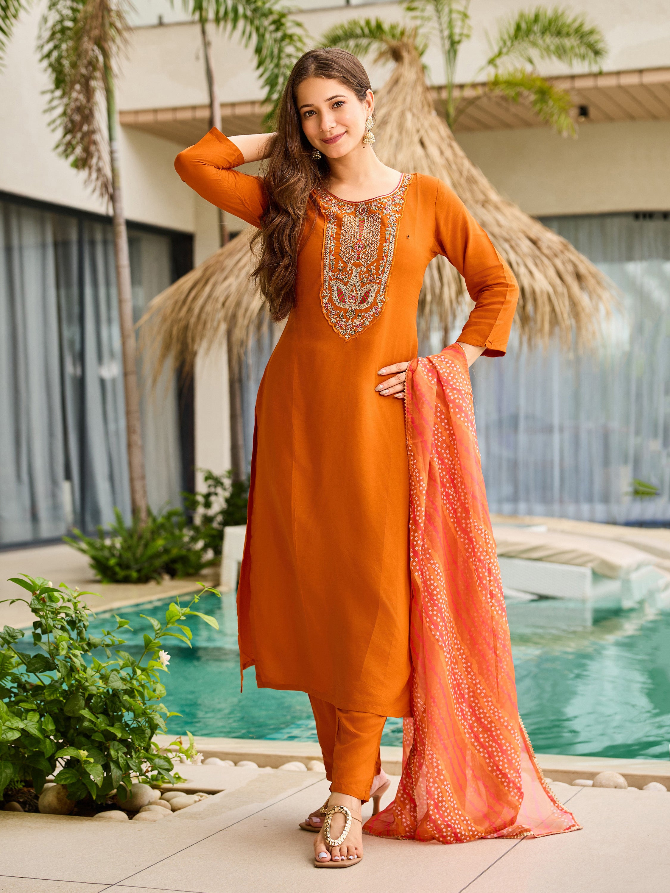 Sunset Aura Orange Viscose Silk Kurta Set