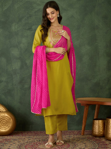 Lime Green Embroidered Chanderi Kurta Set