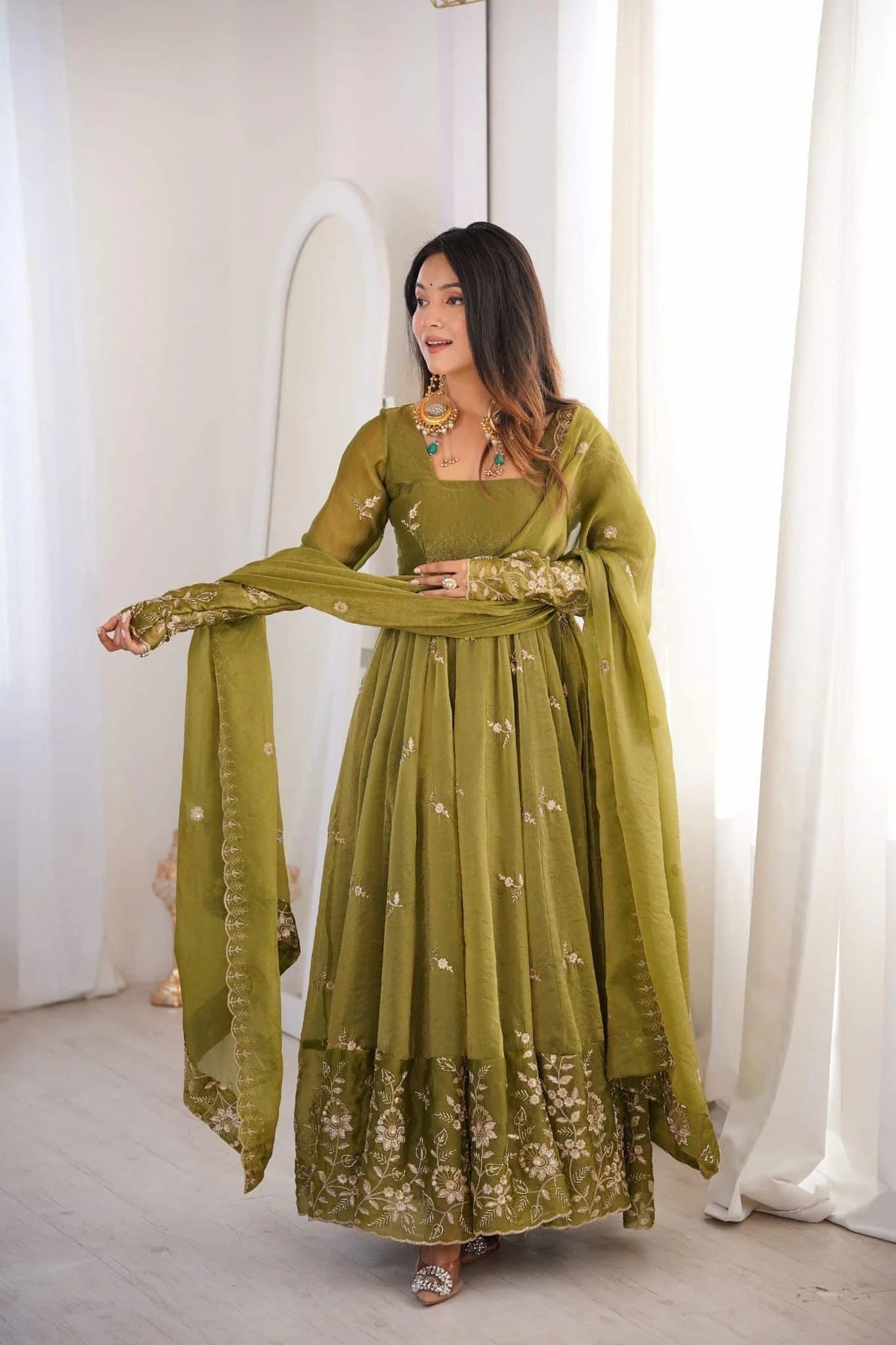 Olive Green Crunchy Silk Anarkali Suit Set