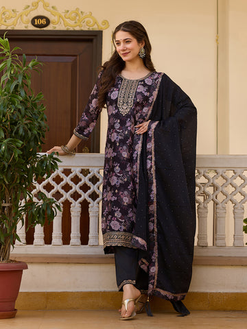 Black Floral Printed Kurta Pant Set