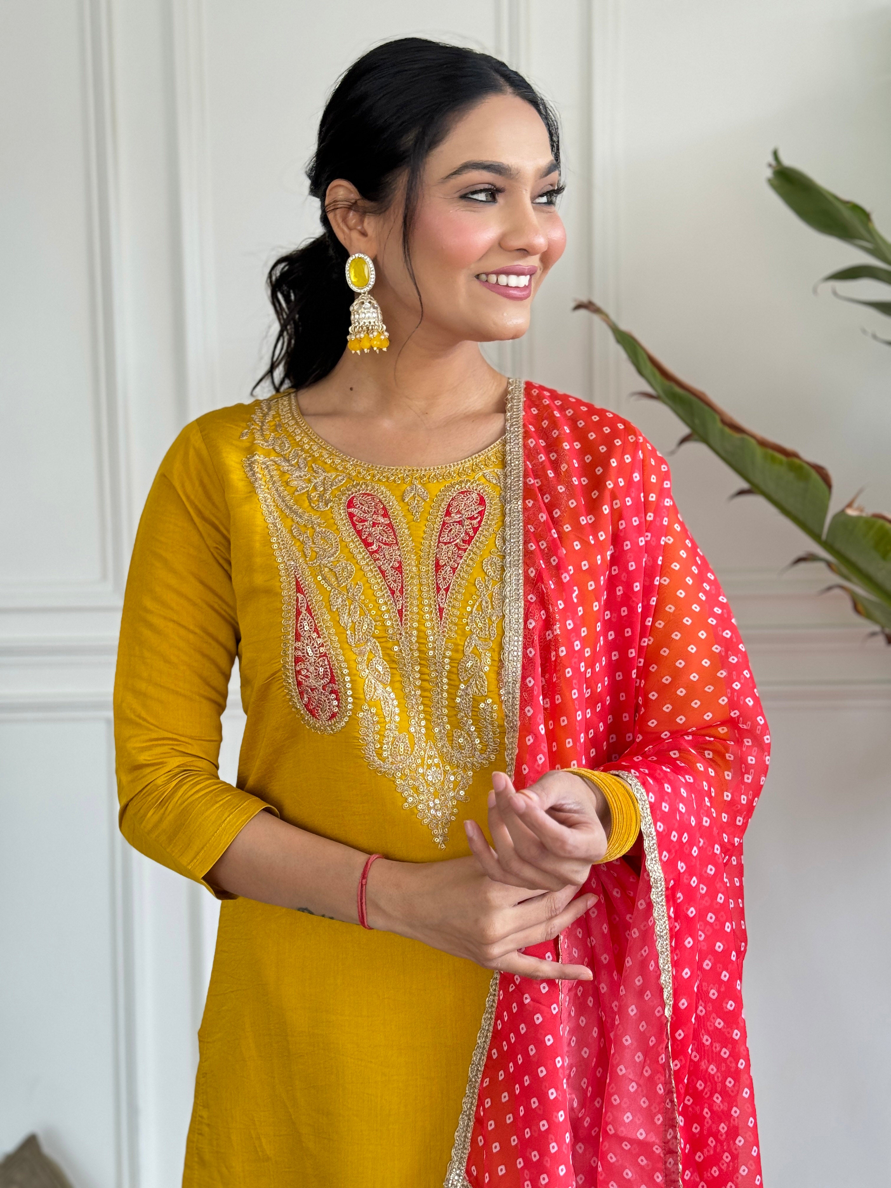 Mustard Yellow Embroidered Kurta Set
