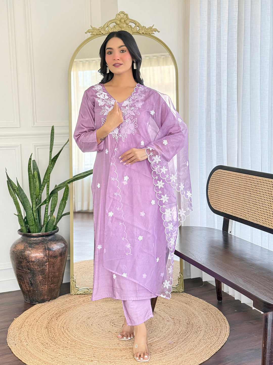 Lavender Cotton Embroidered Kurta Pant Set