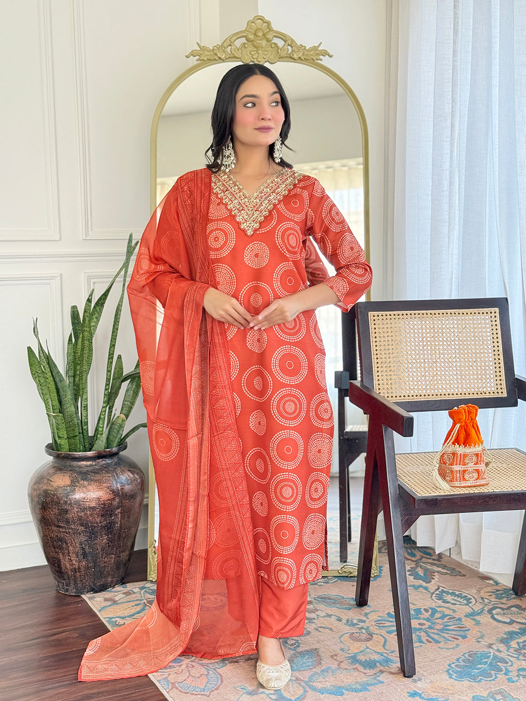 Rust Orange Geometric Salwar Suit Set