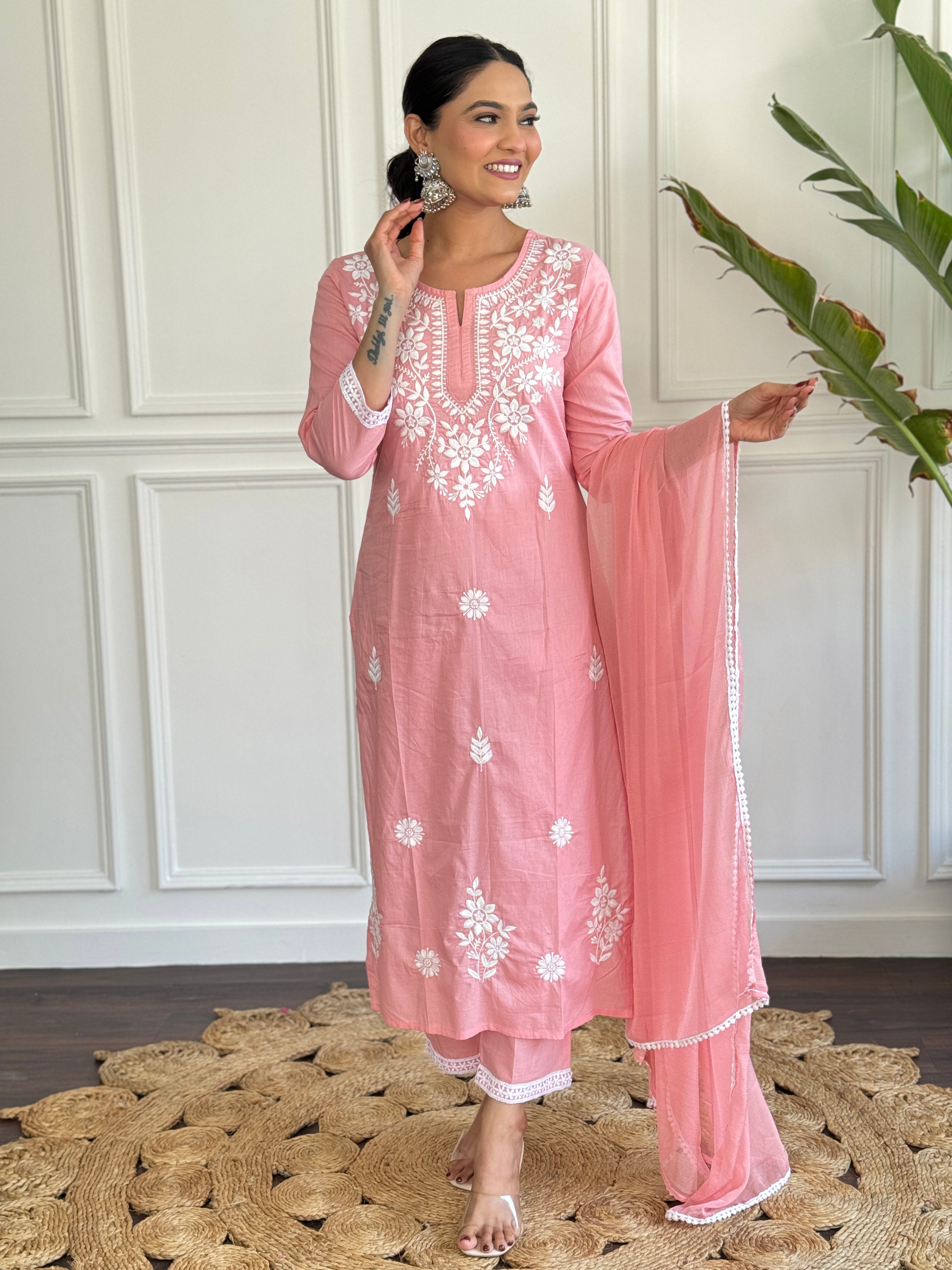 Pink Floral Embroidered Kurta Pant