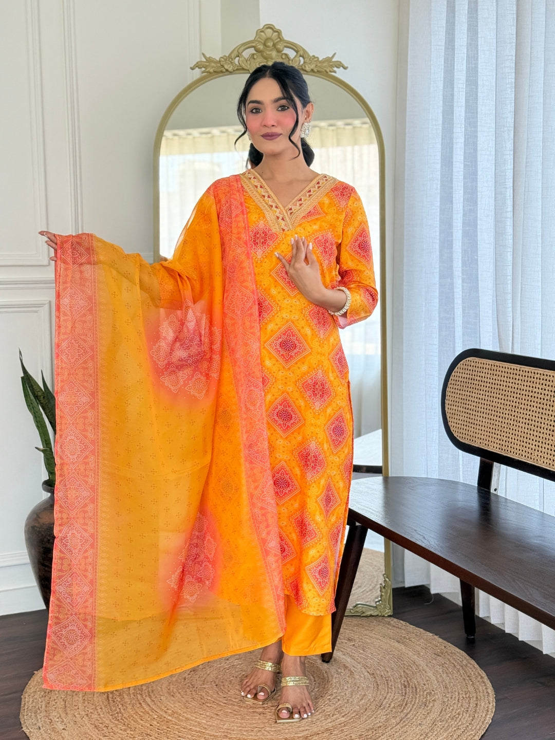 Orange Bandhani Print Straight Salwar Suit Set