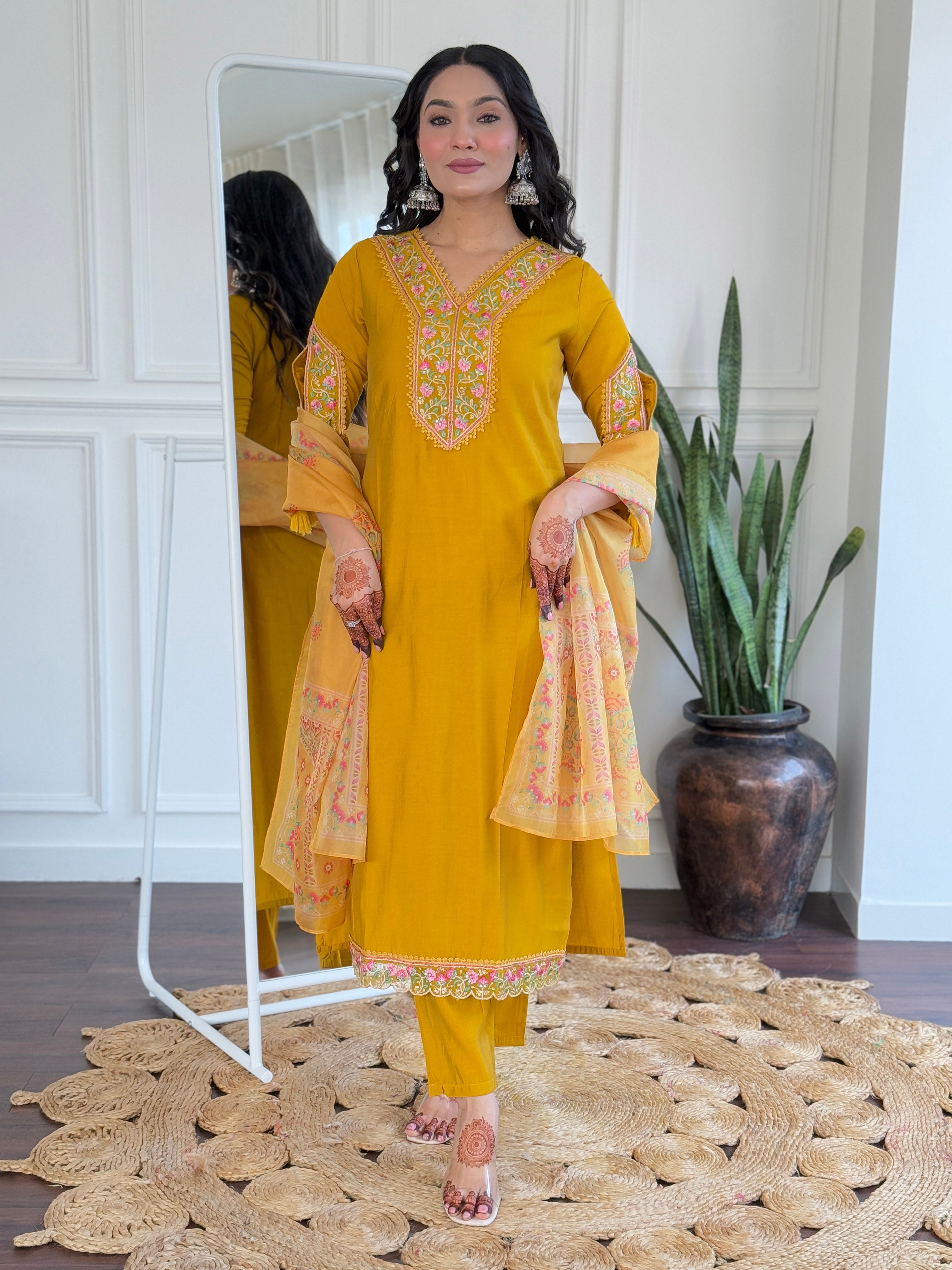 Yellow Heritage Embroidered Kurta Pant Set