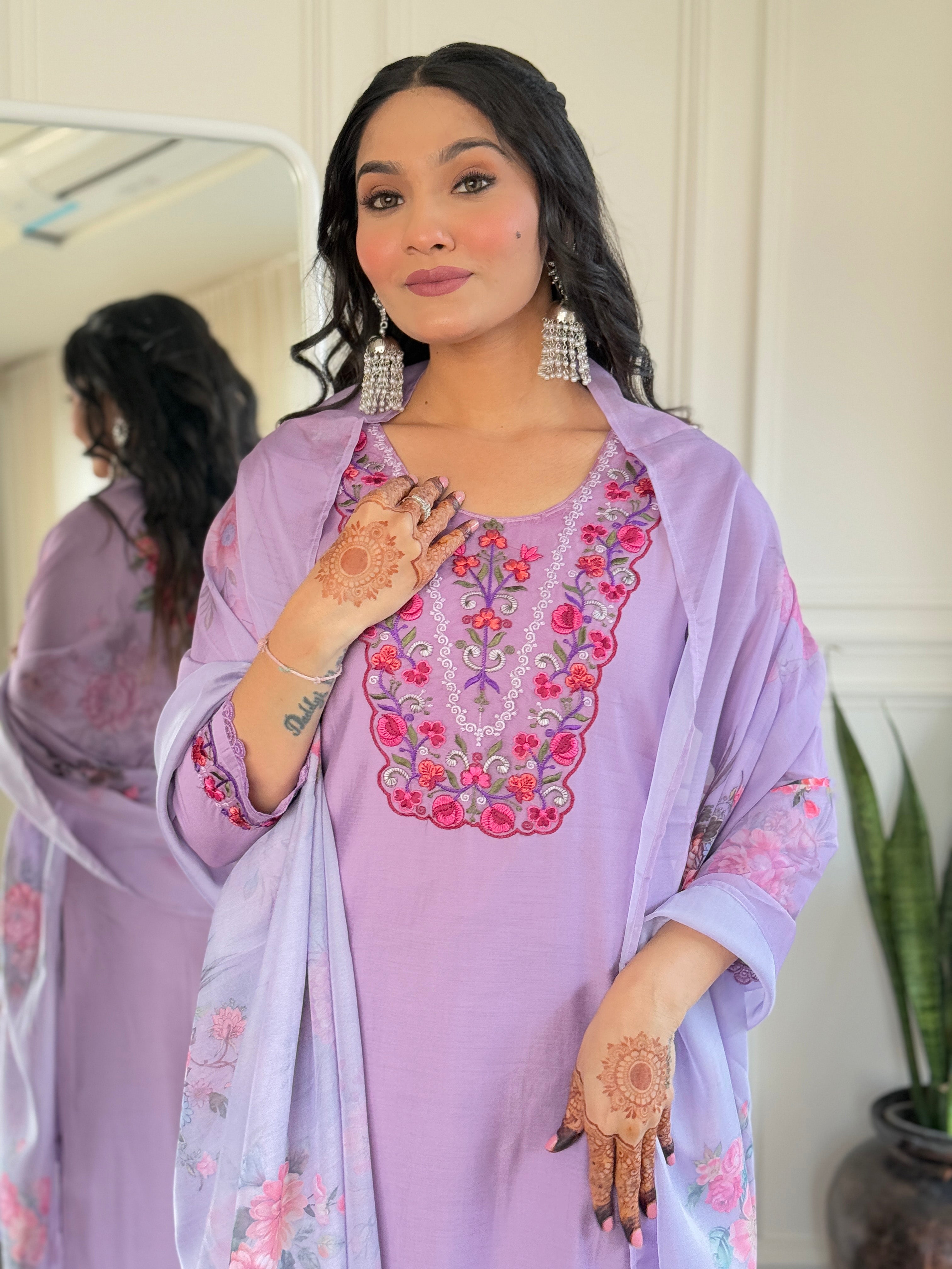 Purple Bloom Embroidered Kurta Pant Set