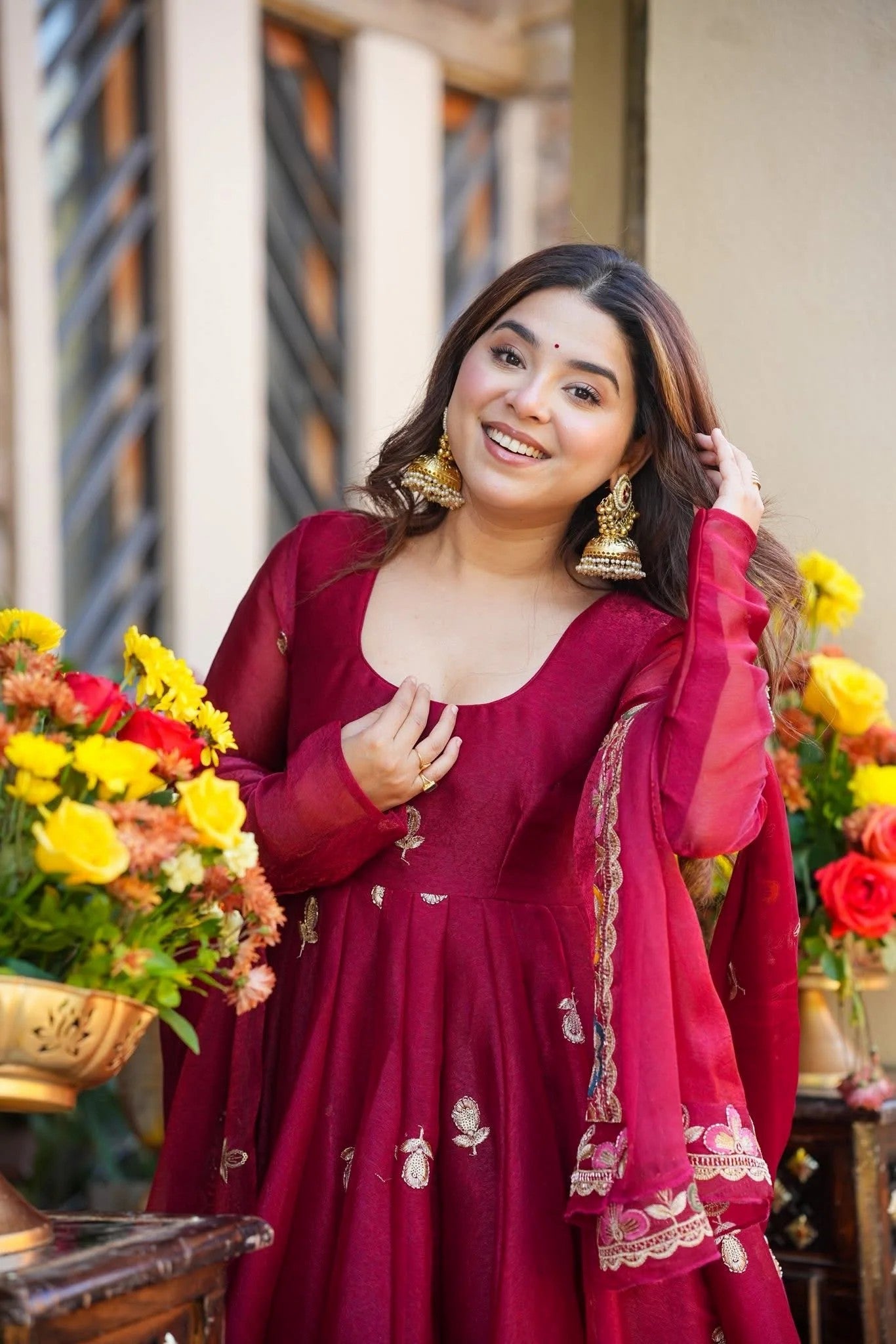 Wine Floral Crunchy Silk Anarkali Suit Set