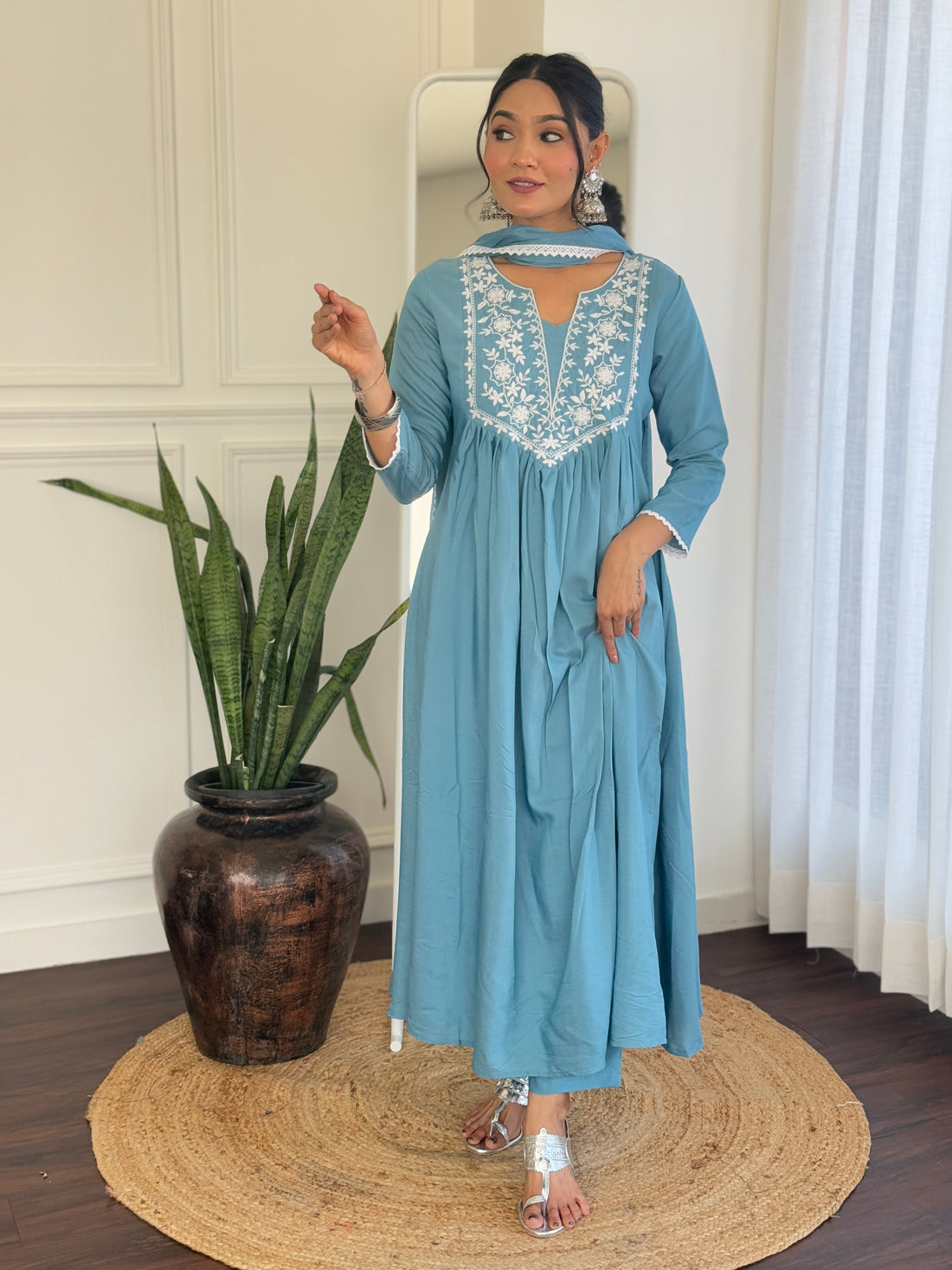 Sky Whisper Vichitra Anarkali Kurta Pant Set