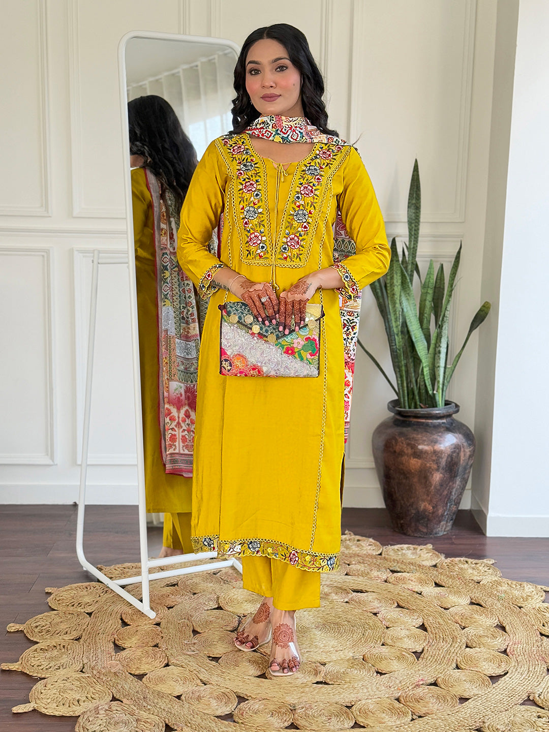Mustard Floral Embroidered Kurta Pant Set