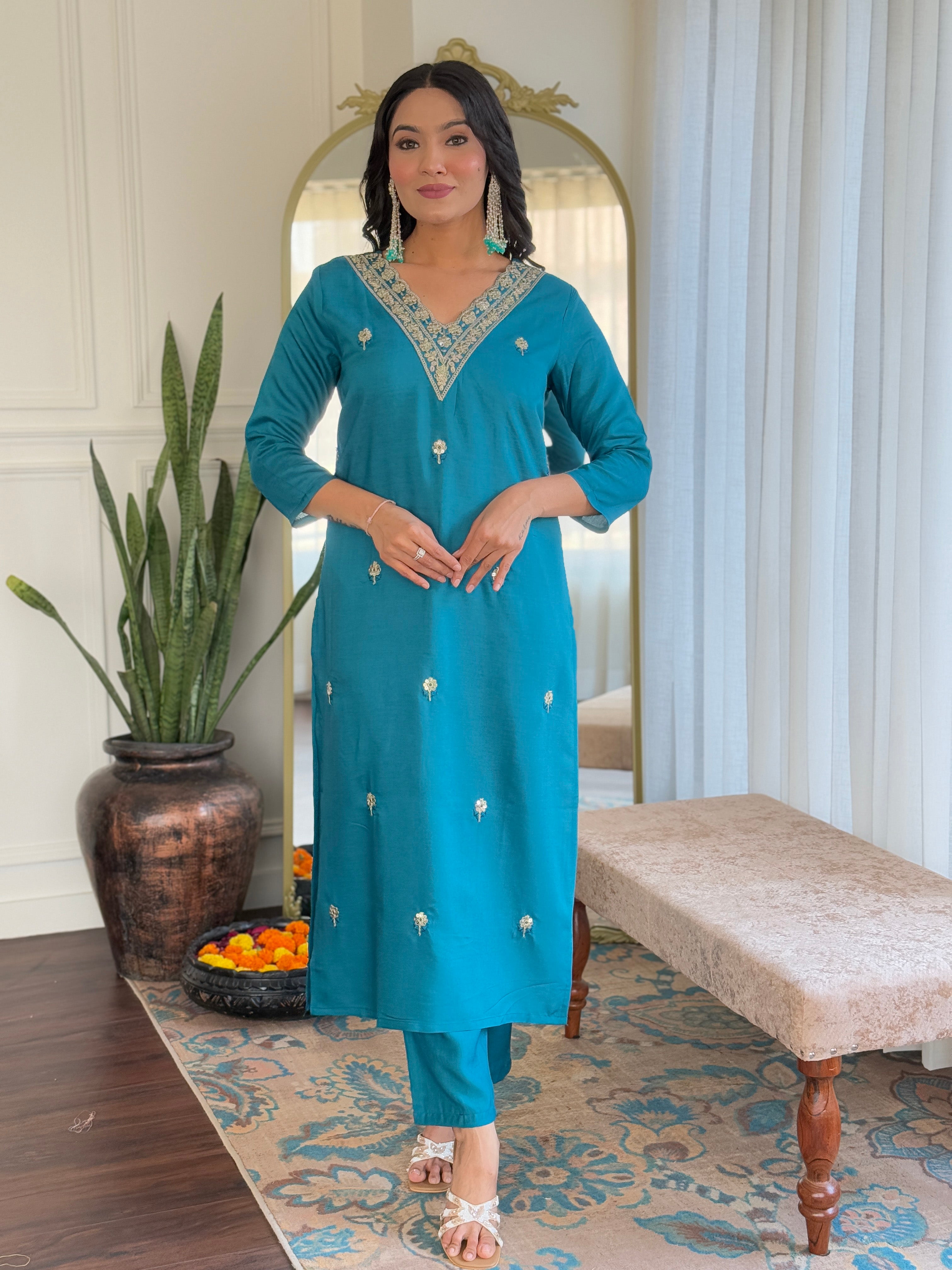 Teal Blue Embroidered Kurta Pant