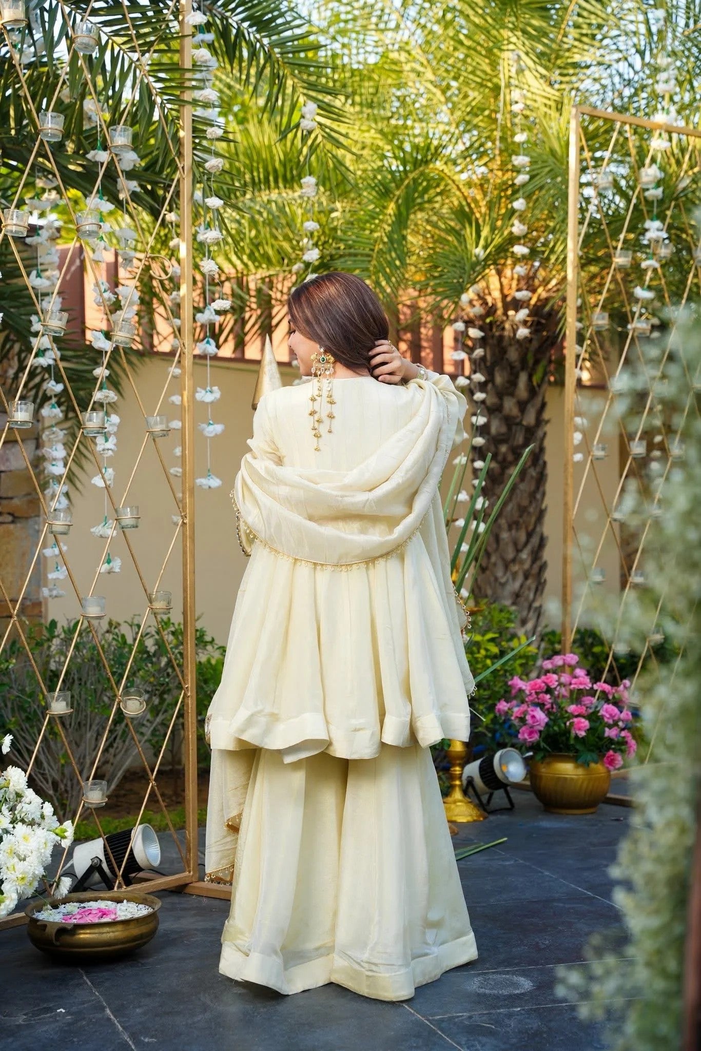 Ivory Mirror Work Star Georgette Sharara Suit Set