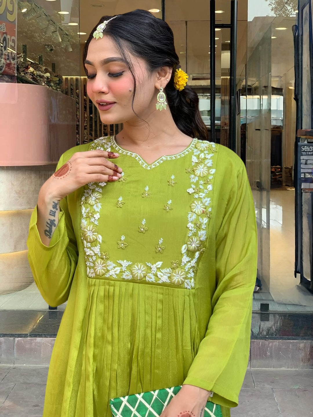 Pista Green Embroidered Anarkali Kurta Pant Set