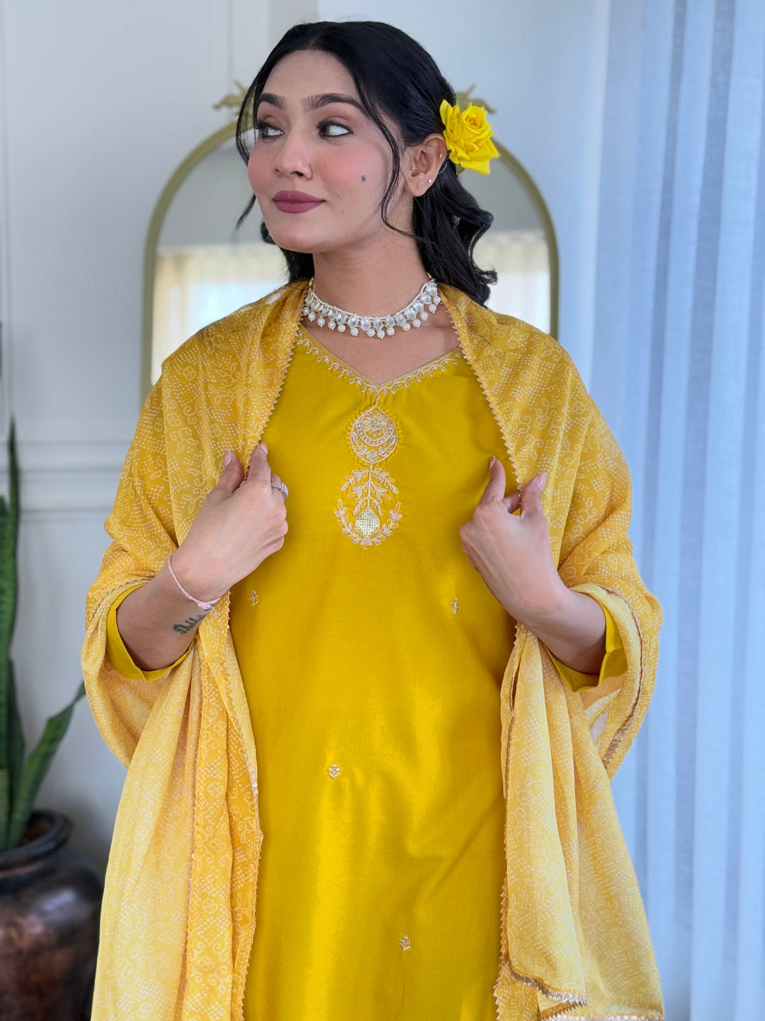 Mustard Yellow Embroidered Kurta Pant Set