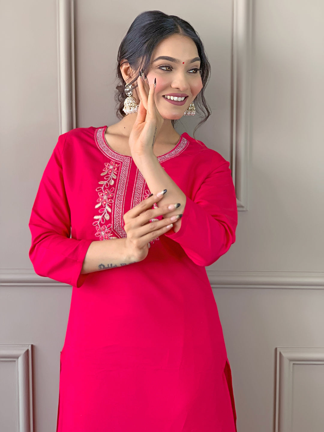 Rani Pink Embroidered Kurta Pant