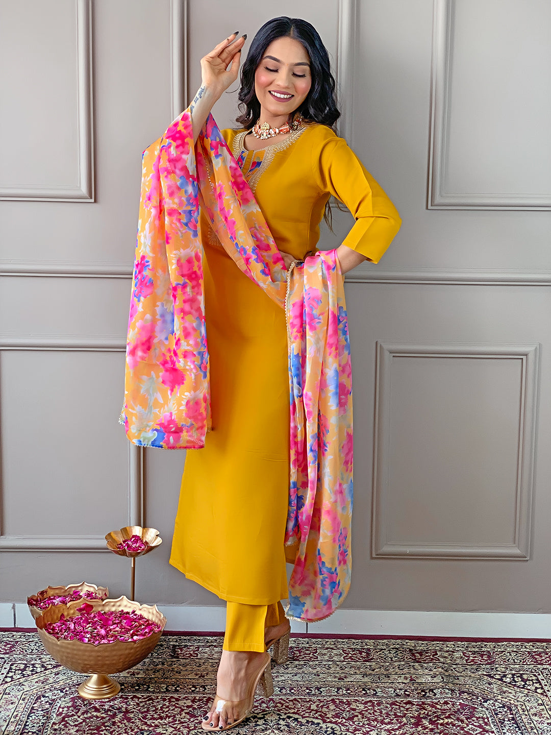 Mustard Yellow Floral Dupatta Kurta Pant Set