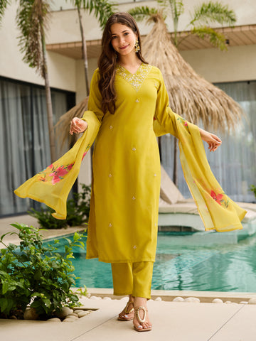 Olive Lime Green Embroidered Kurta Pant Set