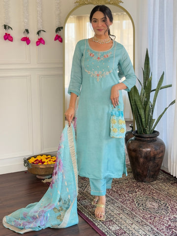 Aqua Bloom Floral Kurta Pant Dupatta Set