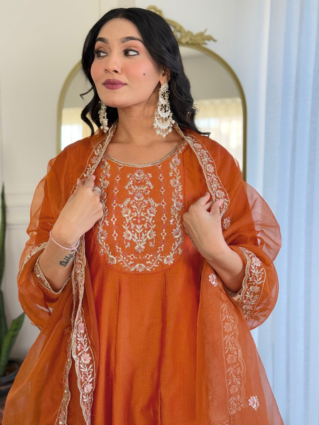 Rust Orange Silk Embroidered Flared Kurta Set