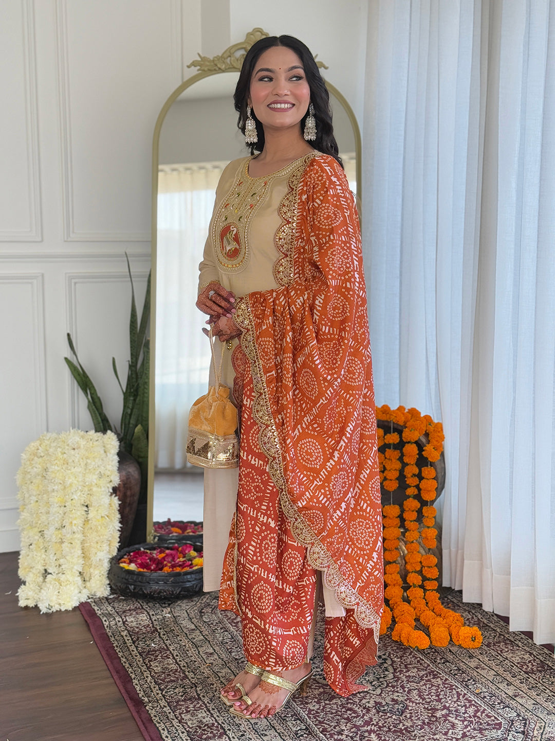Beige Silk Blend Kurta Pant Set
