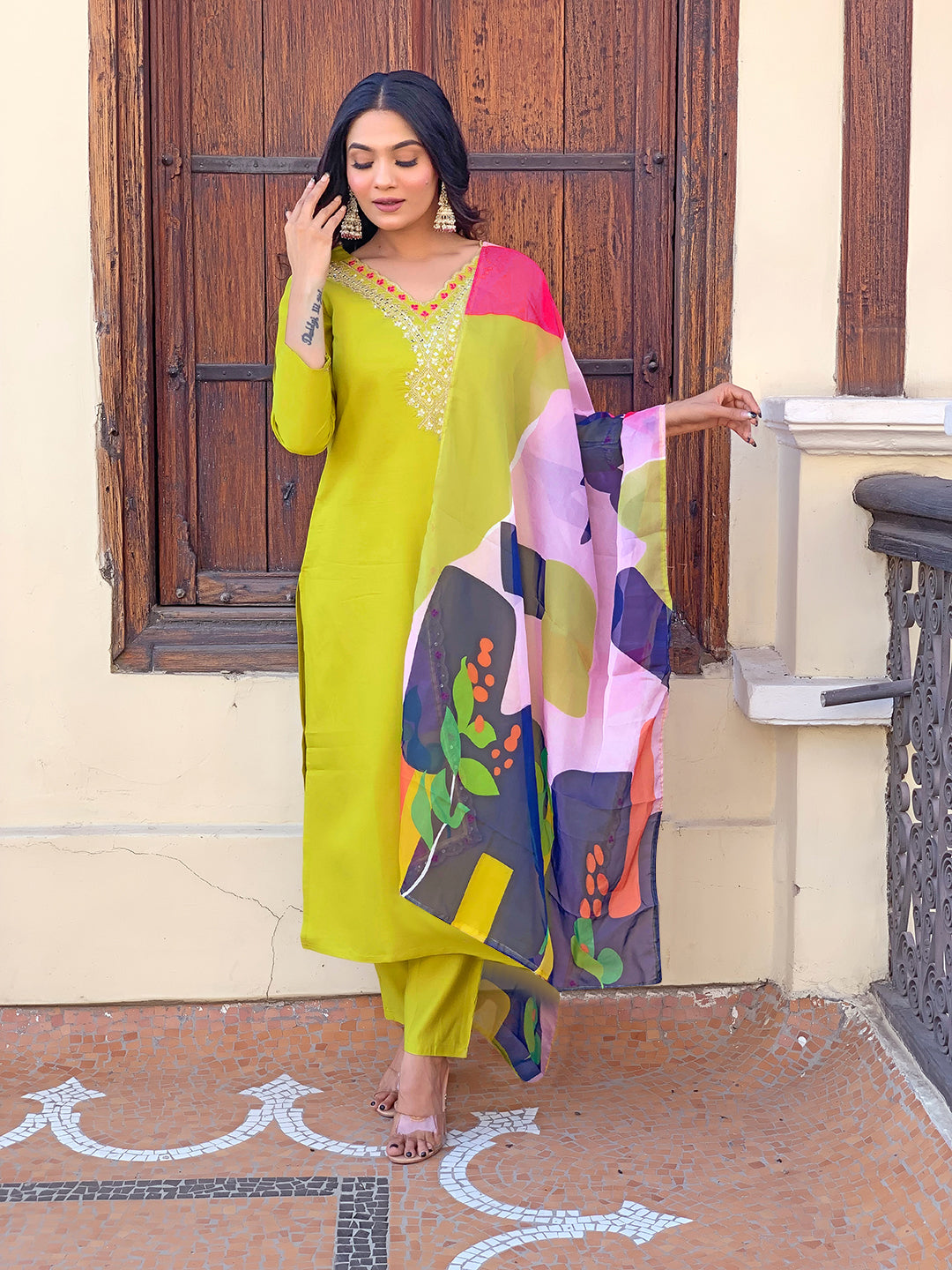 Lime Green Embroidered Kurta Set