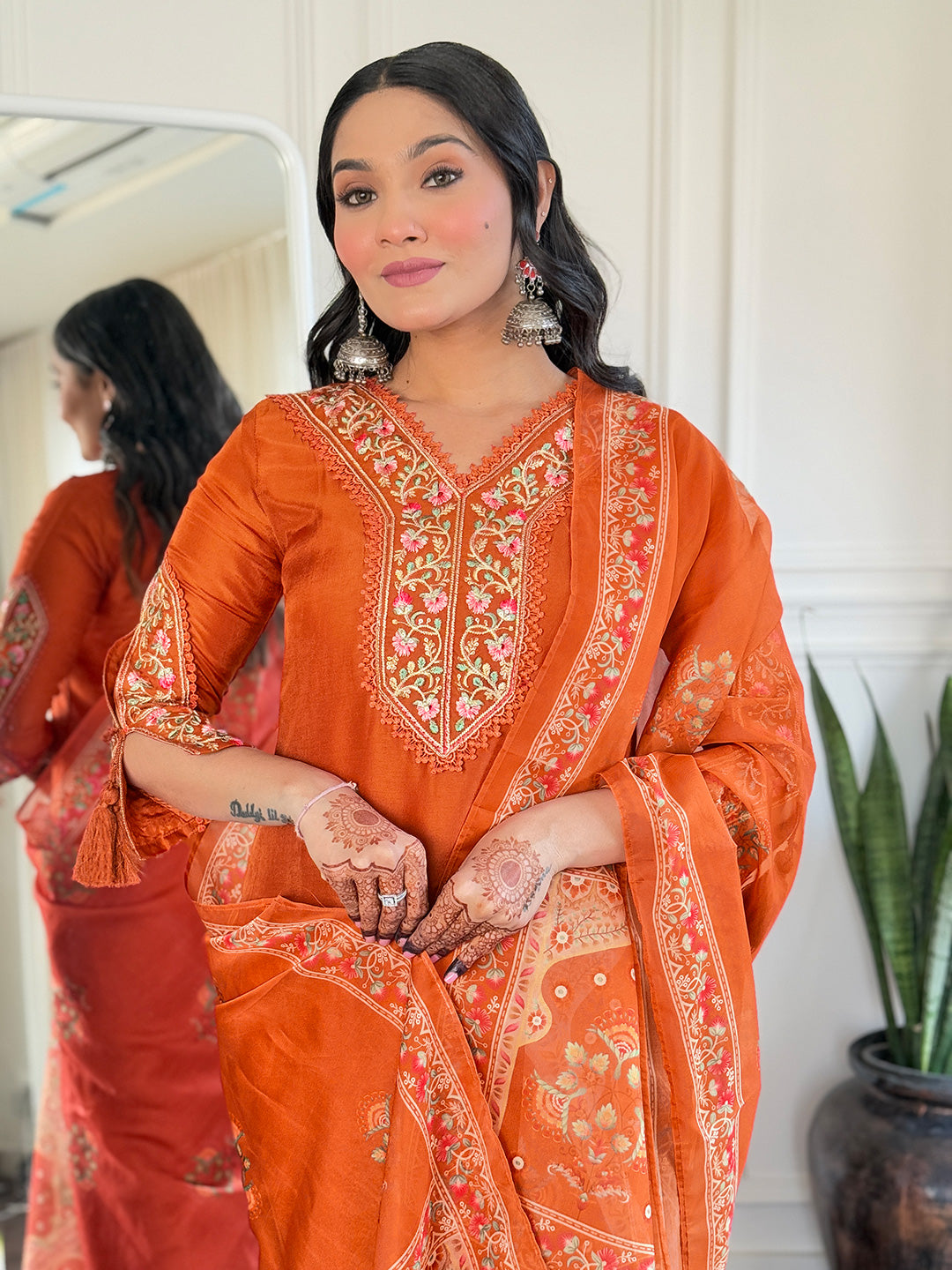 Orange Heritage Embroidered Kurta Pant Set