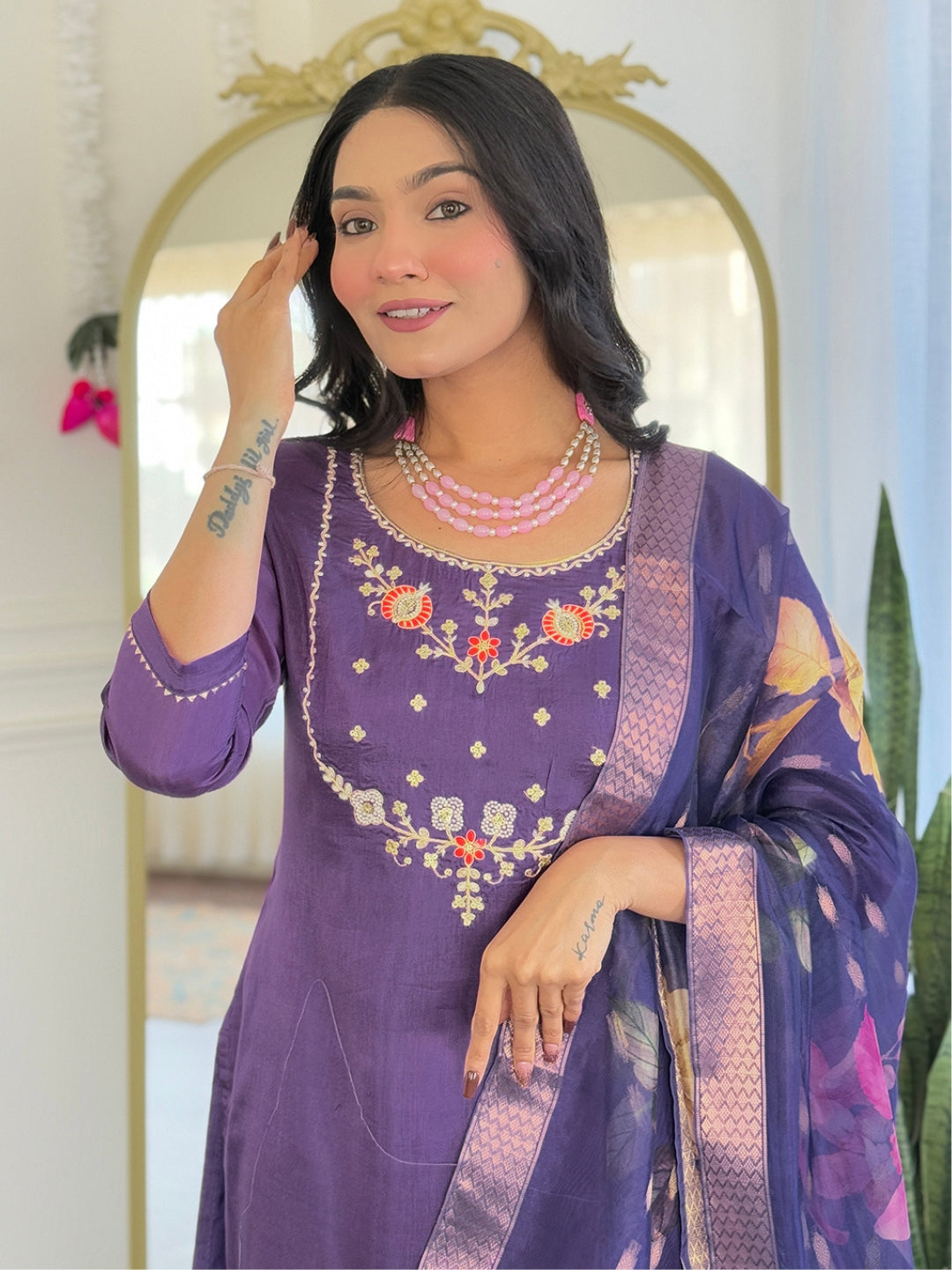 Purple Bloom Floral Kurta Pant Dupatta Set