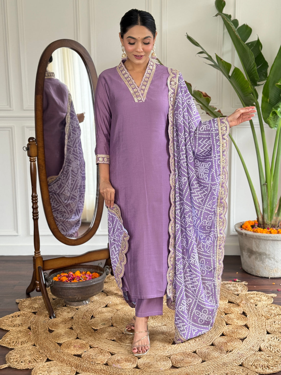 Lavender Embroidered Kurta Pant Set