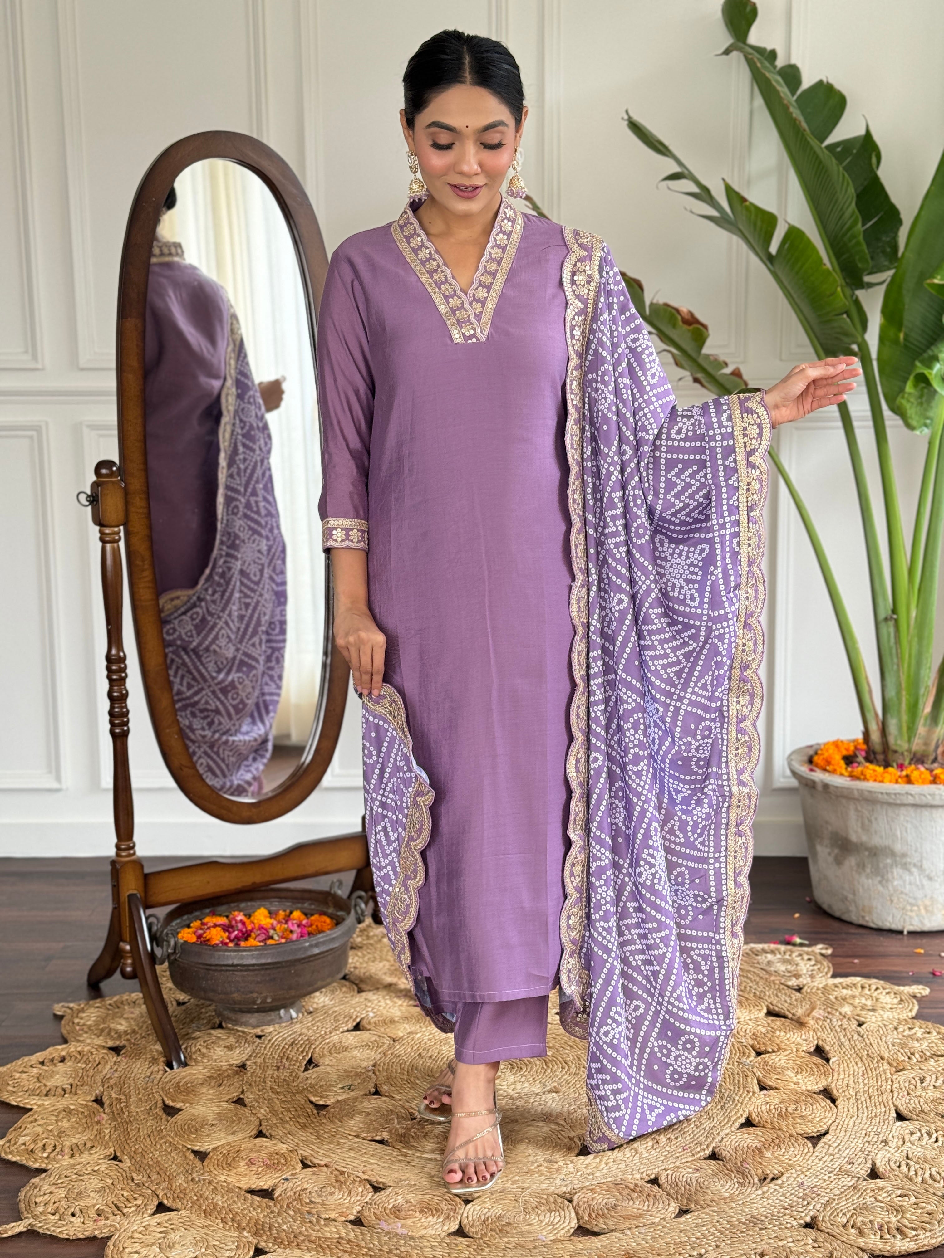Lavender Embroidered Kurta Pant Set