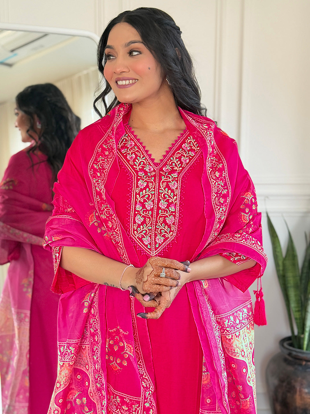 Rani Pink Heritage Embroidered Kurta Pant Set
