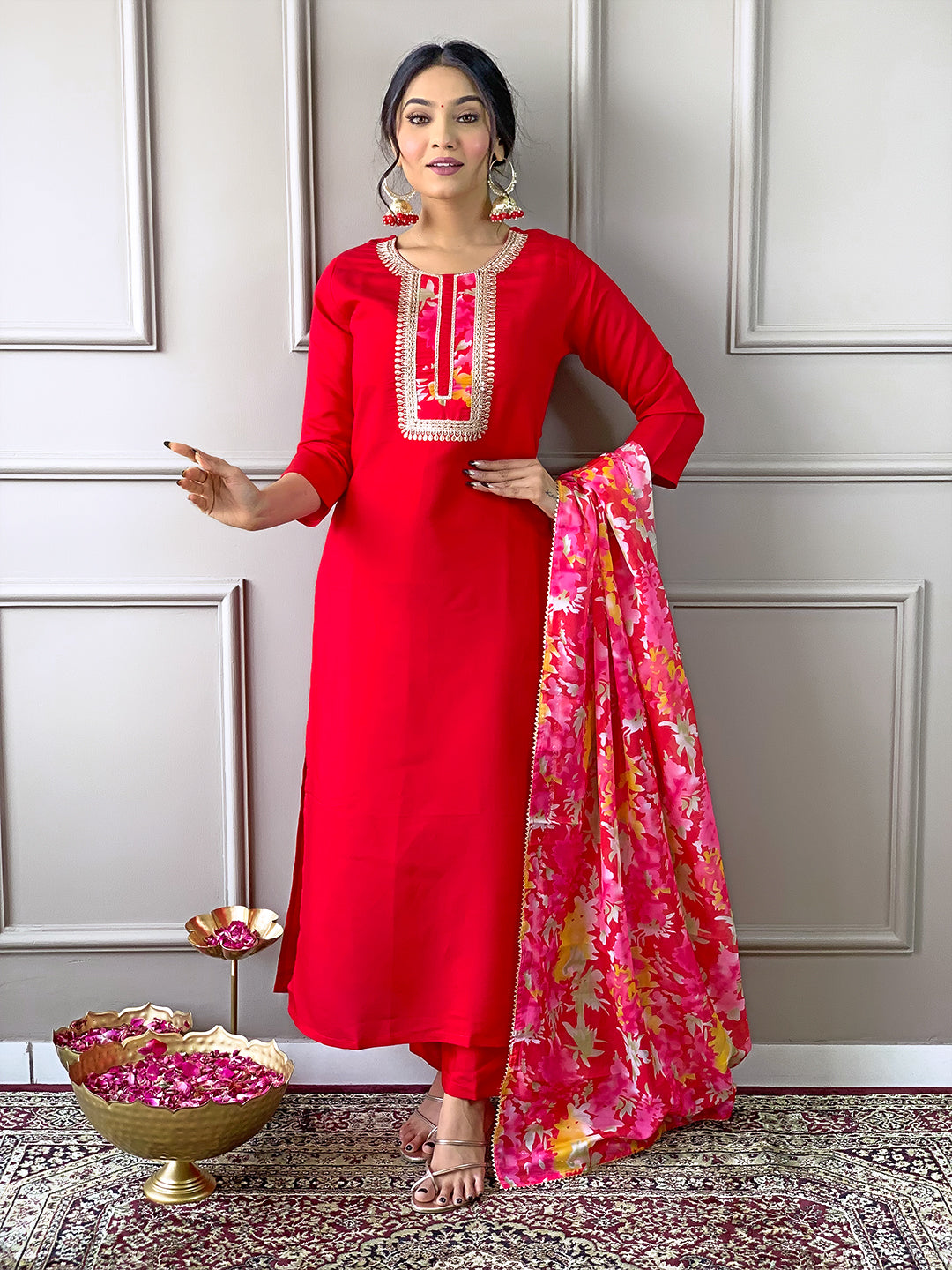 Red Floral Dupatta Kurta Pant Set