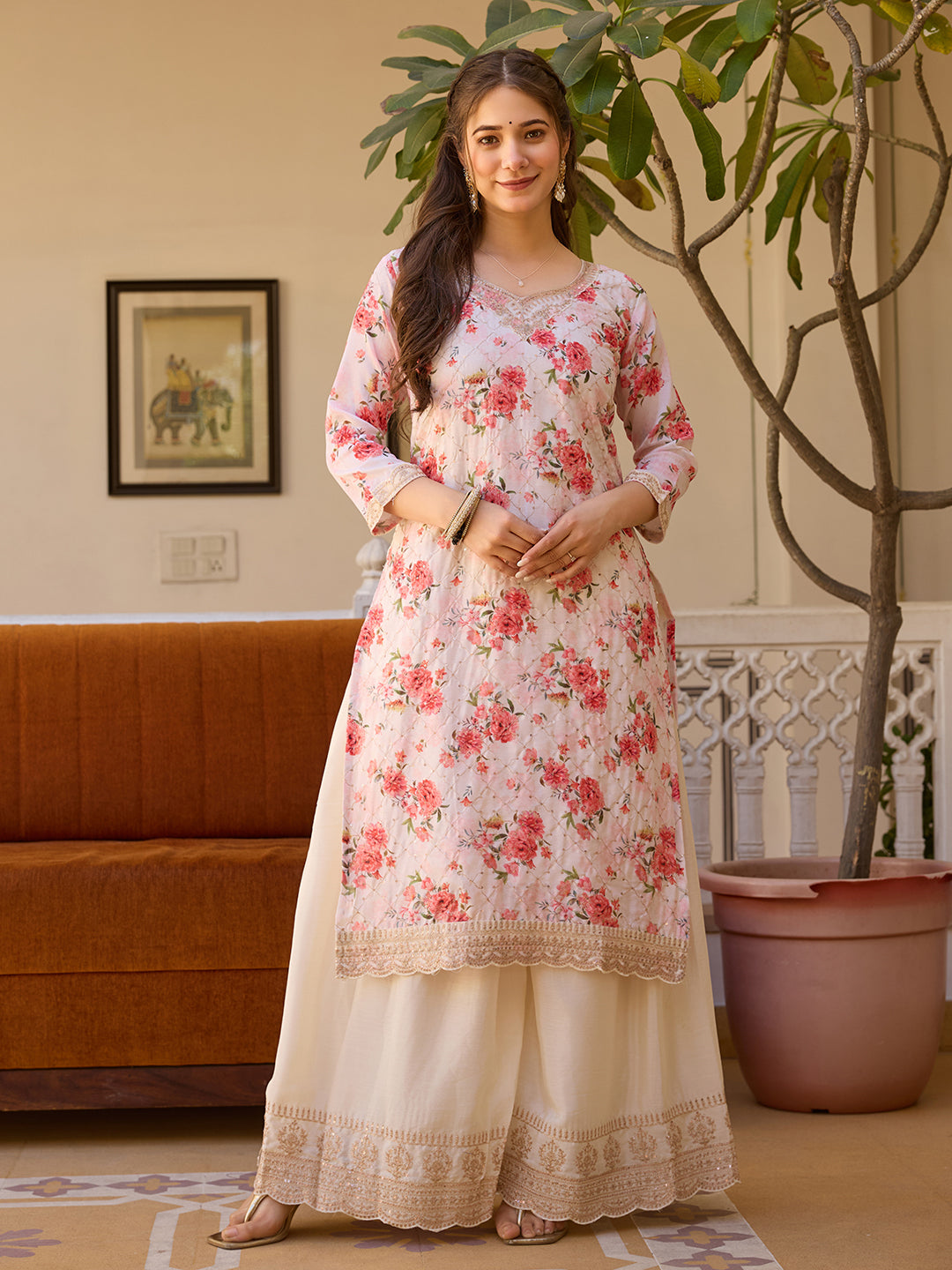 Off-White Floral Print Kurta Sharara Set