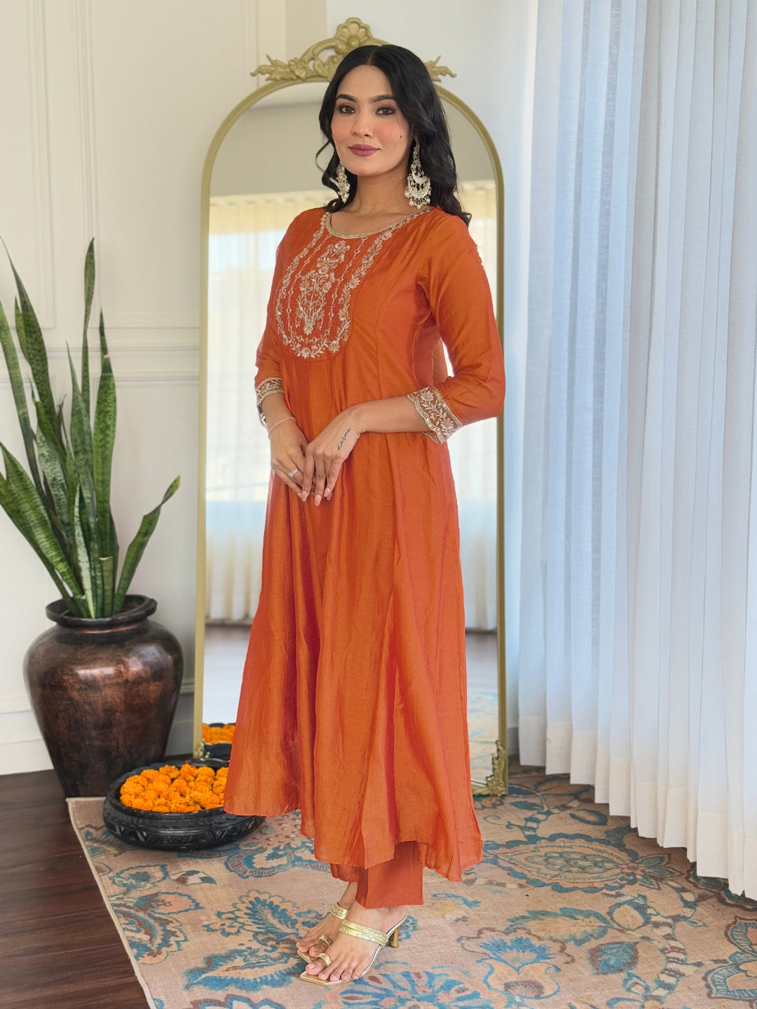 Rust Orange Silk Embroidered Flared Kurta Set