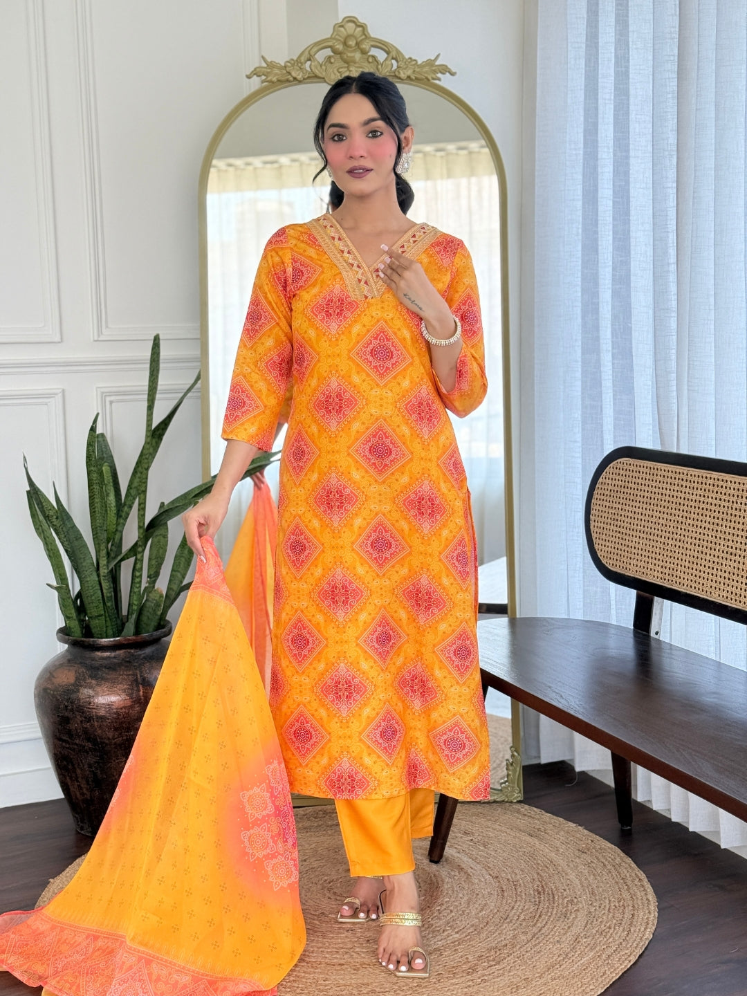 Orange Bandhani Print Straight Salwar Suit Set