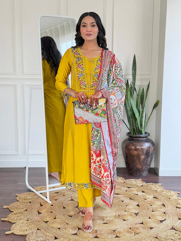 Mustard Floral Embroidered Kurta Pant Set