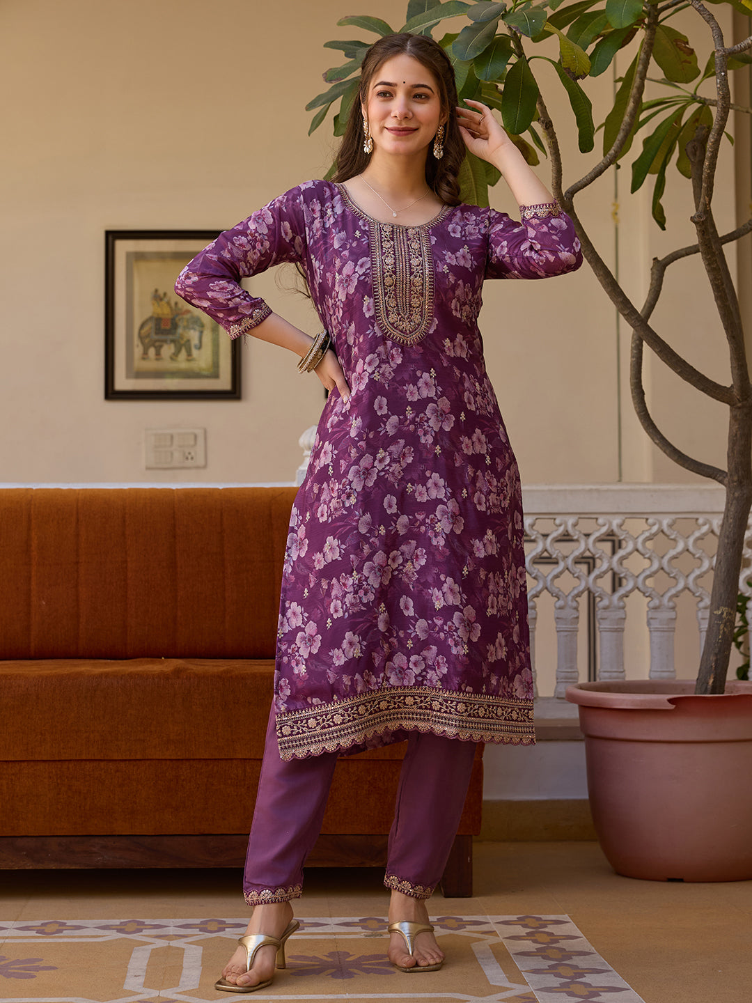 Purple Floral Printed Kurta Pant Set