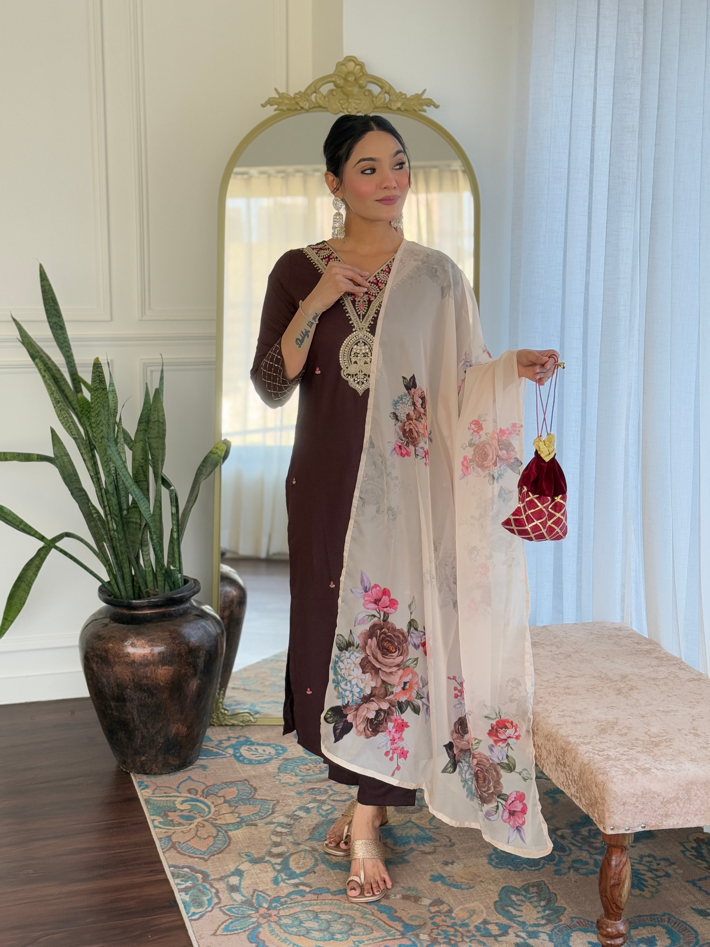 Mocha Rose Embroidered Kurta Pant