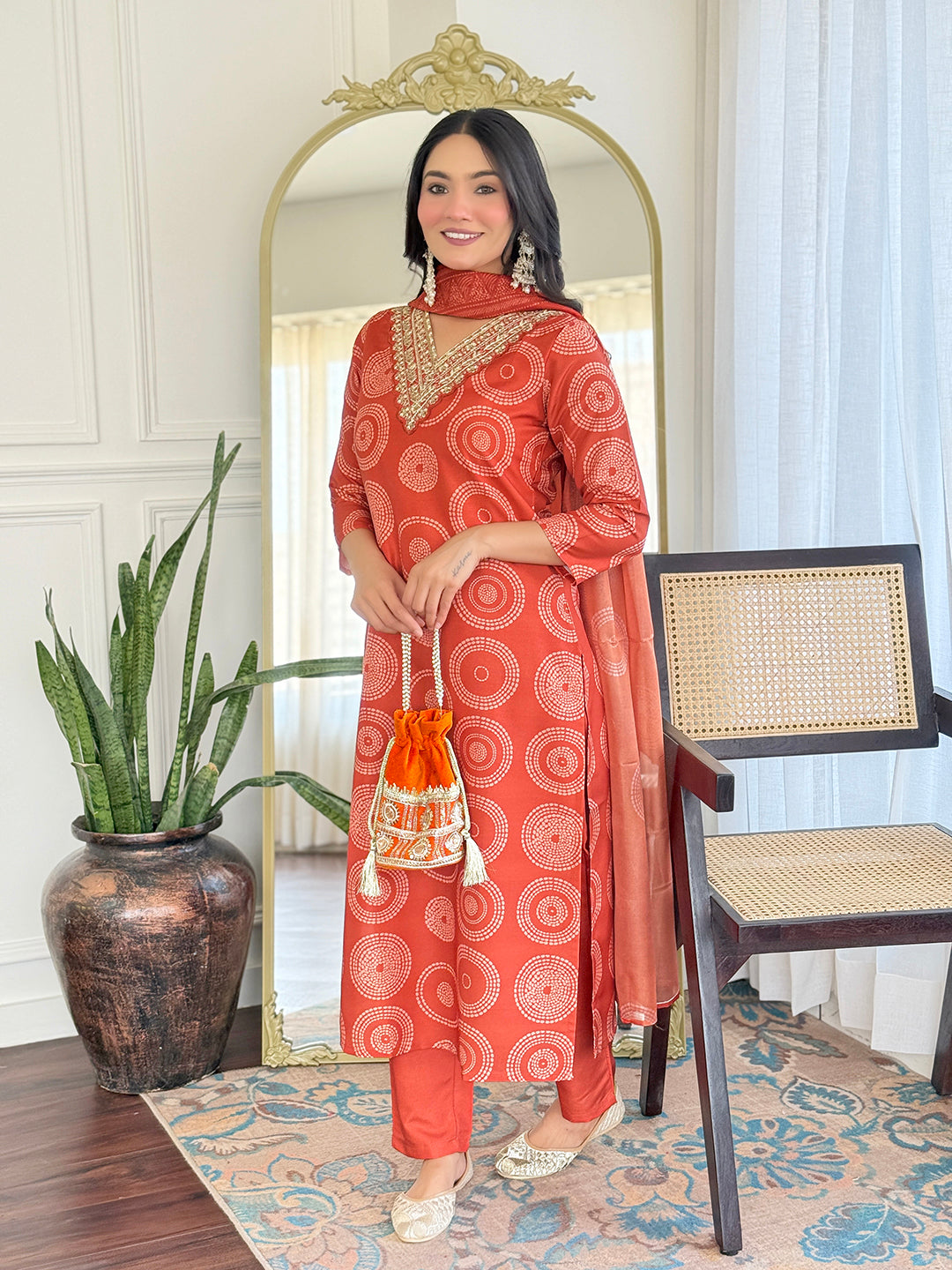 Rust Orange Geometric Salwar Suit Set